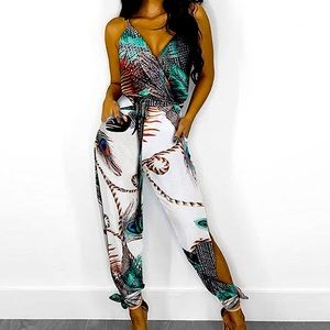 Peacock Print Slit Tied Detail Jumpsuit